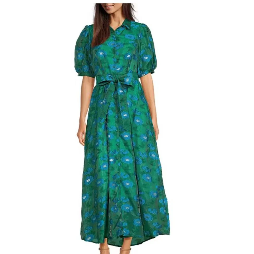 Green Floral Maxi Dress with Tie Waist - Picture 1 of 9